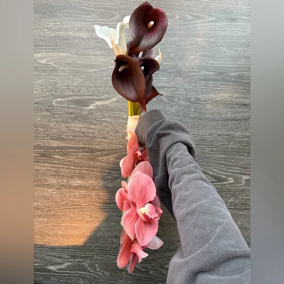 Curved Bridal Bouquet Pink Orchid and Purple Calla Lilies - Picture 10 of 10